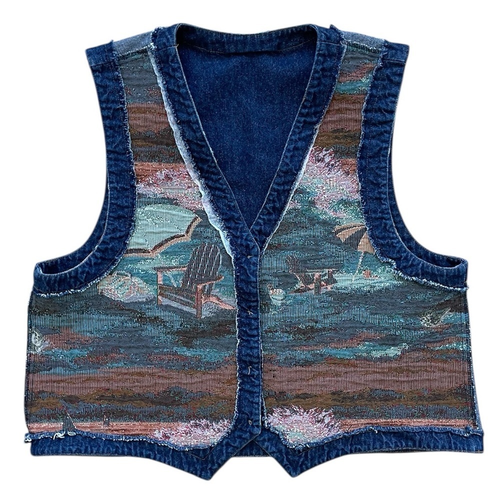 Vtg 90s On The Verge Tapestry Denim Vest Beach Scene Tropical Ptp:20.75” L:20.5” - Picture 4 of 5